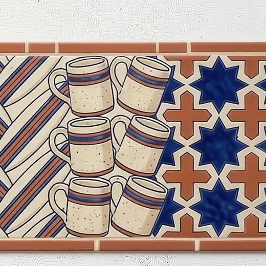 Glazed tile detail of stacked speckled mugs beside blue eight-pointed stars on terracotta crosses.