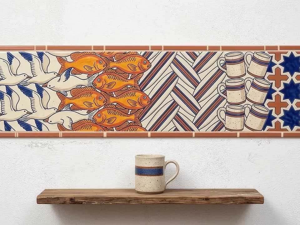 A band of glazed tiles above a speckled cup on a rough wooden shelf against a white wall.