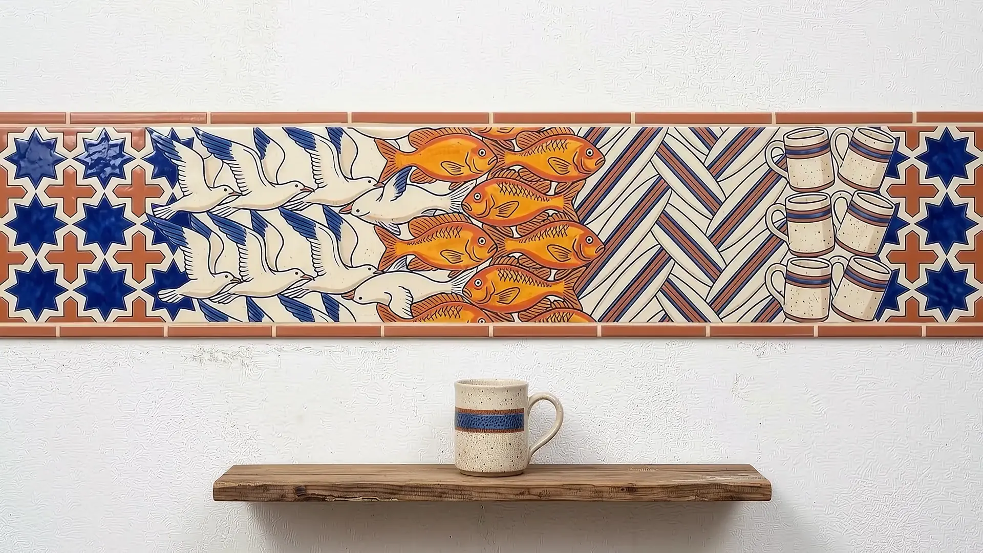 A band of glazed tiles, birds, orange fish and mugs between blue stars, above a speckled cup on a wooden shelf.